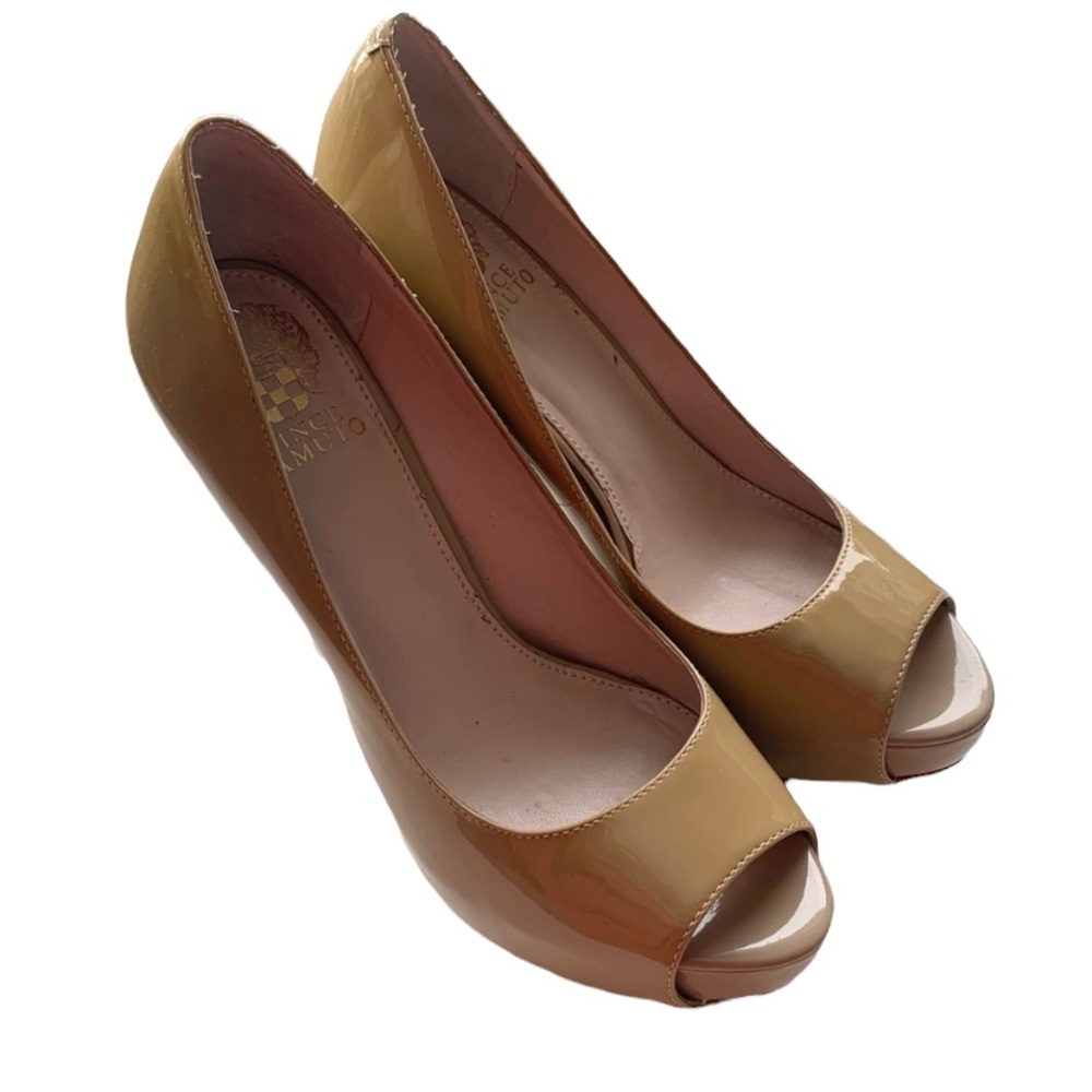 Vince Camuto Tan Patent Leather Stilettos Peep Toe Size 7.5 Women
